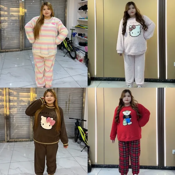 卡通半边绒睡衣女冬季加绒加厚保暖可爱长袖家居服套装可外穿