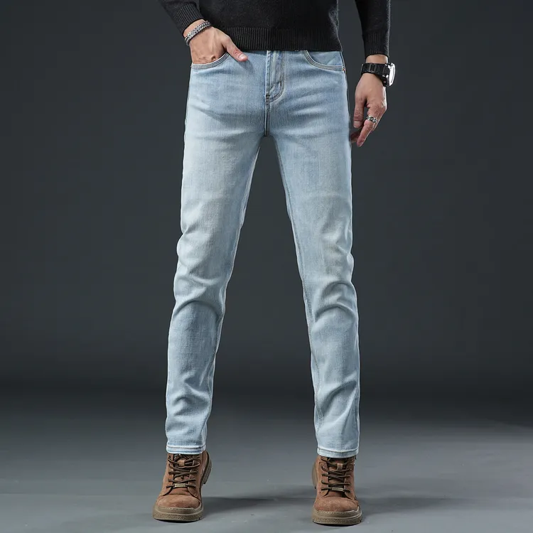 高级感时尚潮牌秋冬新款牛仔裤男款厚款韩版修身小脚休闲百搭裤子