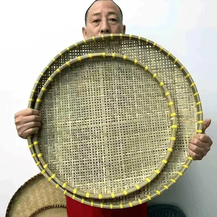 圆形竹匾家用手工编织簸箕平底有孔竹筛晒东西竹编制品头层竹皮