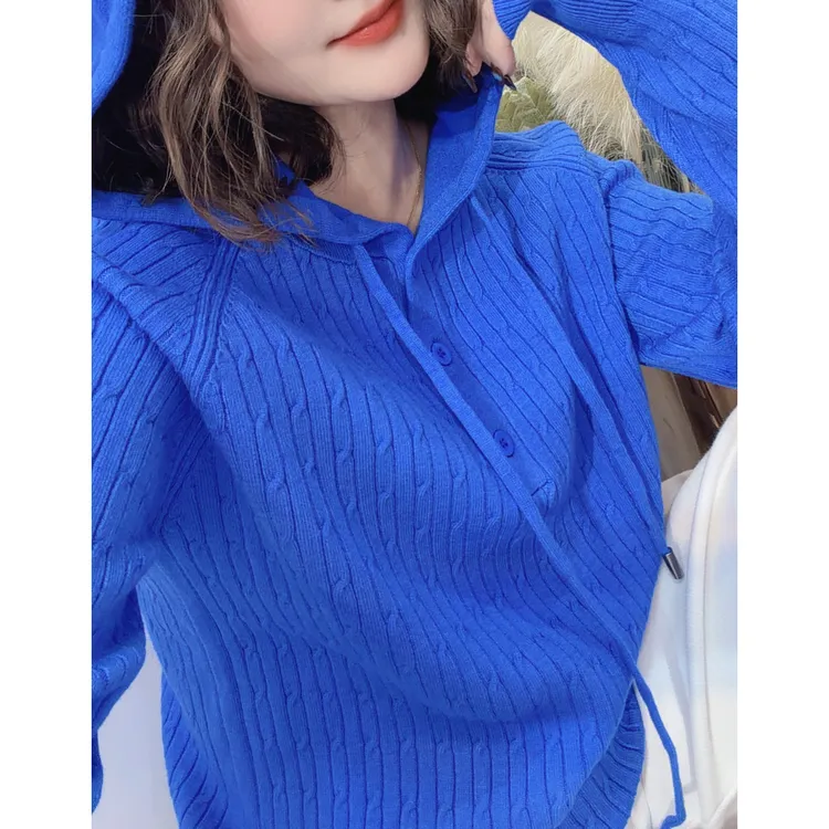 蓝卡缇毛衣保暖长袖秋冬麻花连帽针织时尚打底外穿减龄宽松慵懒风