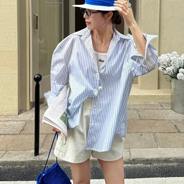 法式设计感时尚POLO条纹衬衫女春季宽松显瘦长袖衬衣休闲百搭上衣