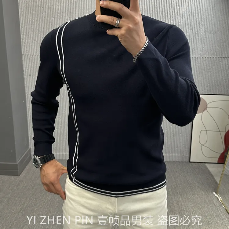 【壹帧品】秋冬圆领毛衣撞色简约时尚百搭弹力修身男士针织毛衣