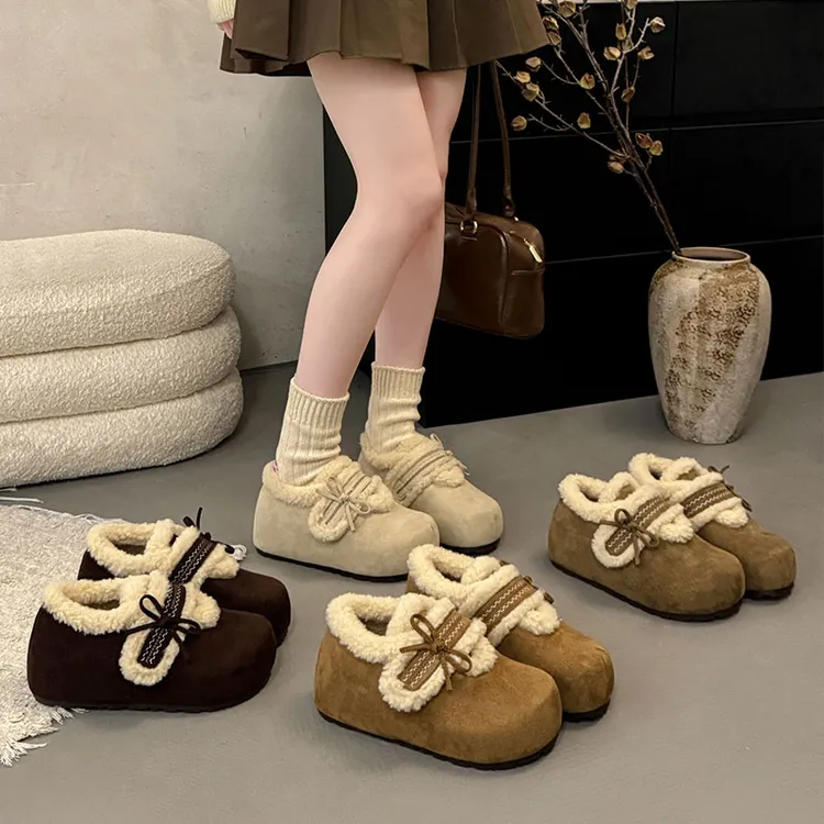 厚底蝴蝶结加绒勃肯鞋女2025秋冬新款内增高一脚蹬懒人鞋保暖棉鞋