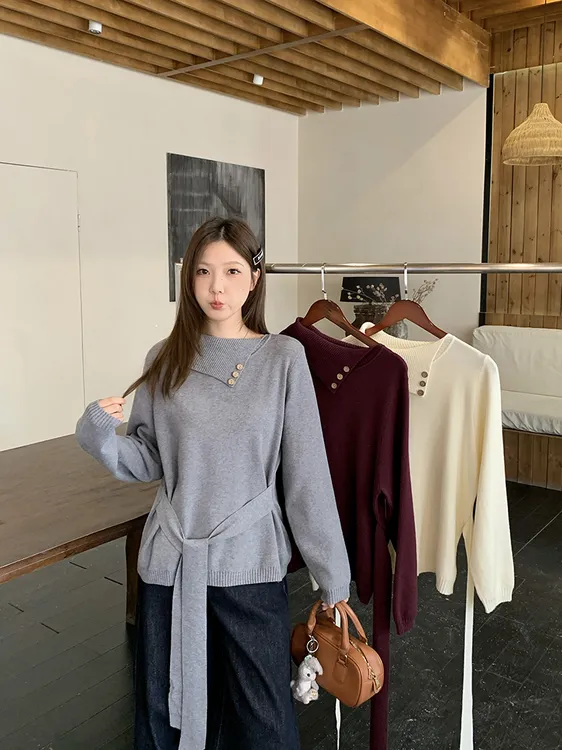 2025秋冬新款胖mm大码女时尚高级感翻领长袖针织毛衣上衣72073