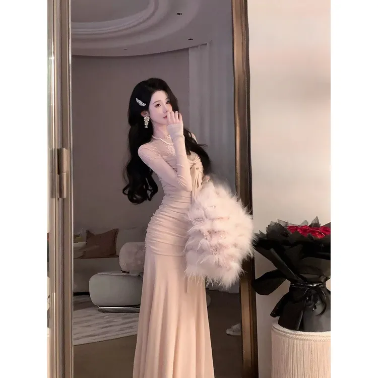 雅乔定制法式重工蕾丝拼网纱烫钻加绒长袖连衣裙1269沐