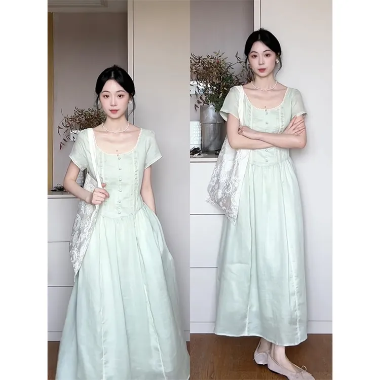 MARIE.COCO高级感温婉大方薄荷绿蕾丝花边连衣裙女收腰气质长裙子