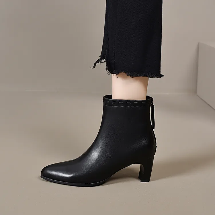 高跟靴子冬季女法式短靴粗跟女靴尖头单靴2025秋冬新款后拉链女鞋