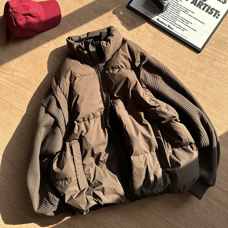 美拉德设计感立领羽绒服男冬季拼接可脱卸针织袖子加大码保暖外套