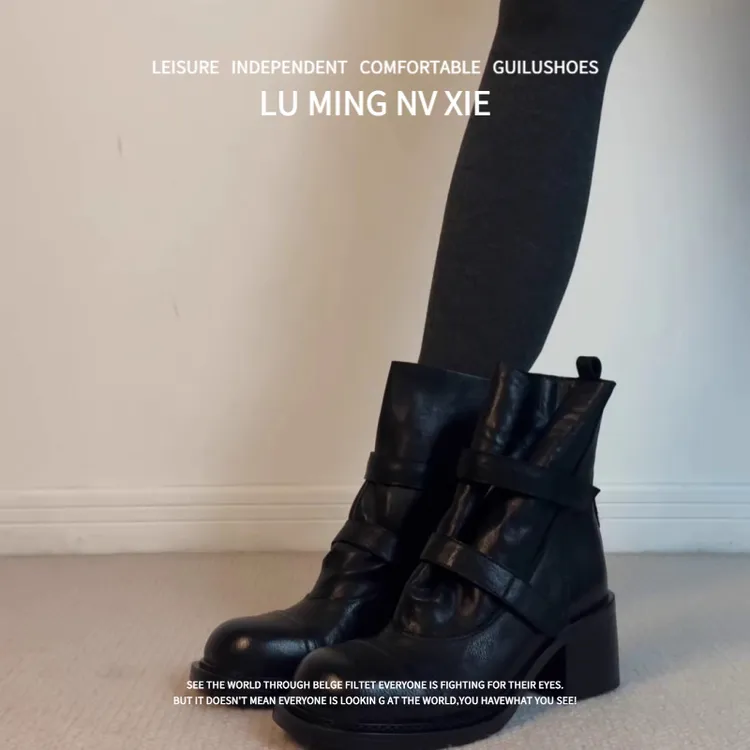 羊皮版~2025年新款复古风圆头款冬粗跟短筒靴女款百搭显瘦时装靴