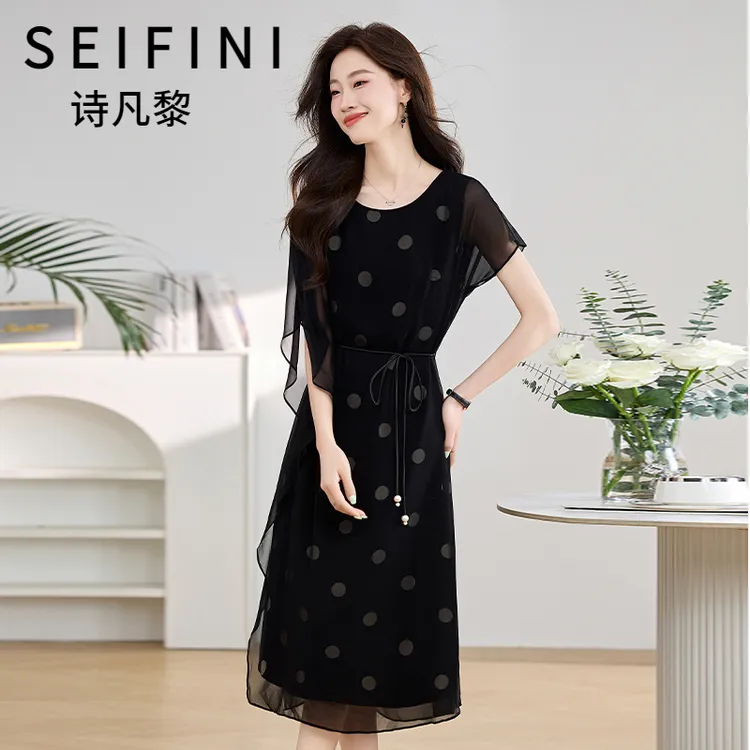 SEIFINI/诗凡黎折扣女装法式收腰连衣裙设计款波点长裙减龄裙子潮
