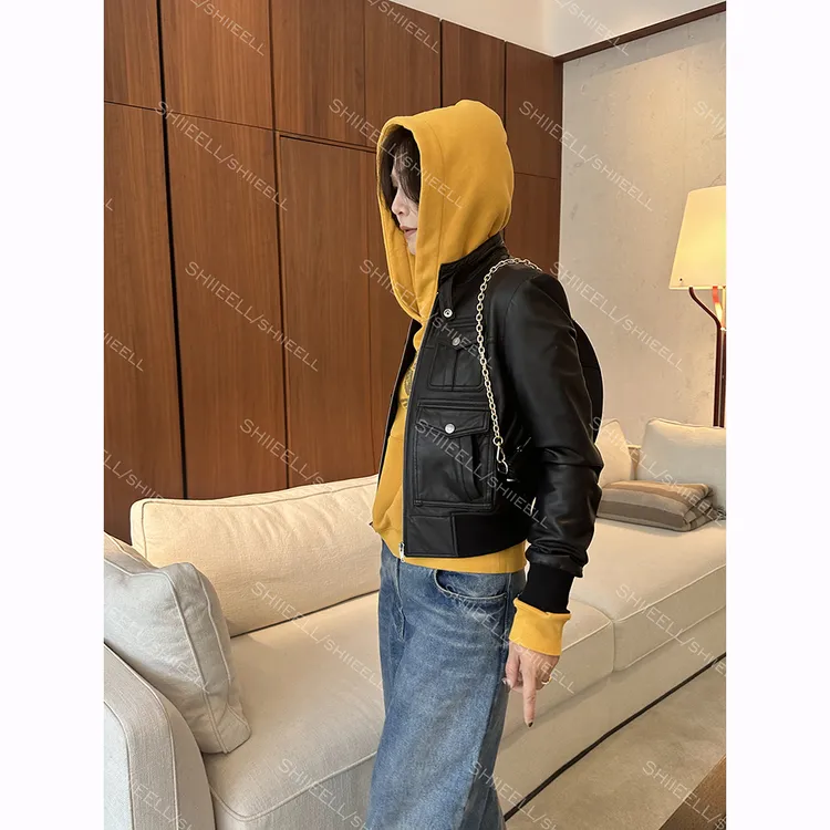 SHIIEELL美式复古修身上衣秋罗纹收口真皮羊皮立领皮衣外套Z5390