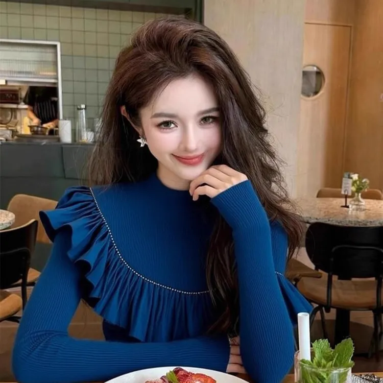 蓝色荷叶边针织衫2025冬季设计感绝美巨好看气质名媛修身打底上衣