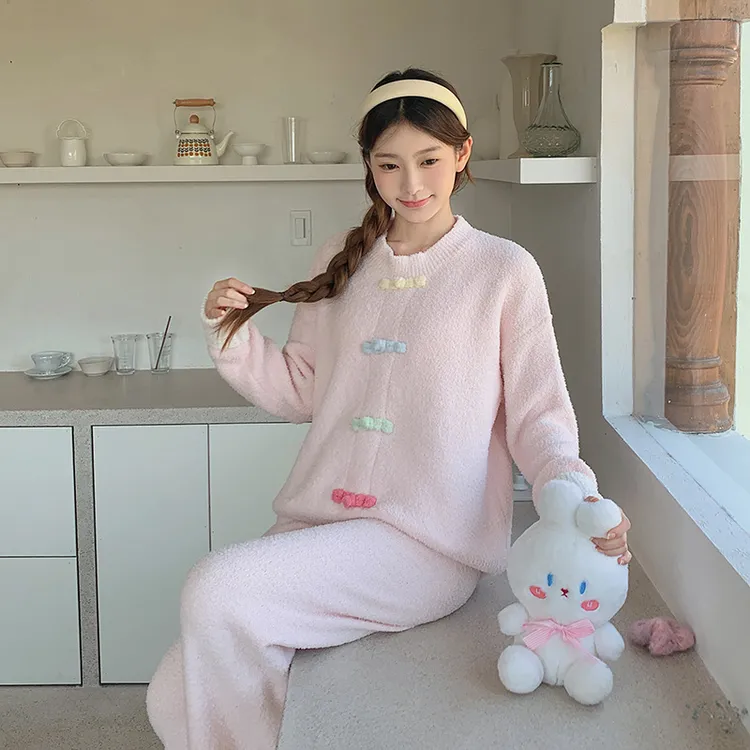 睡衣长袖女秋冬加厚保暖针织ins可外穿新中式假开衫家居服套装