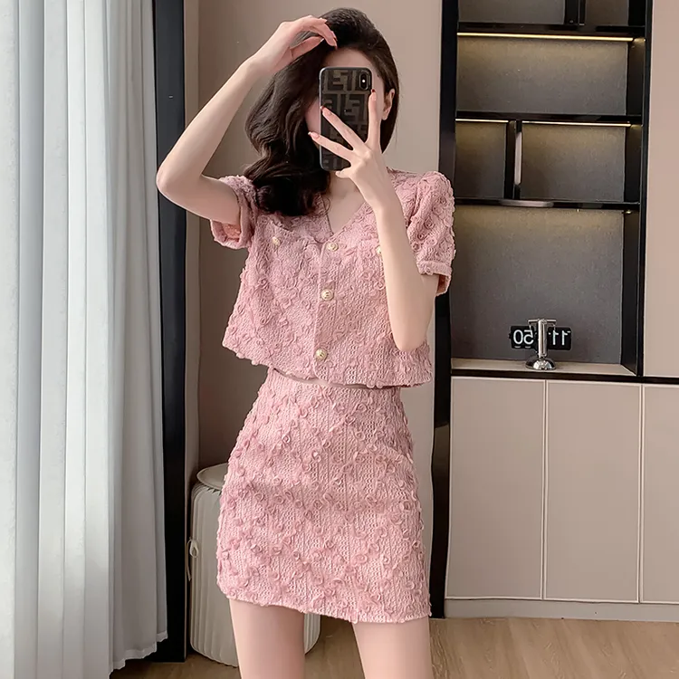 小香风粉色蕾丝上衣半身裙套装女夏装搭配一整套小个子两件套