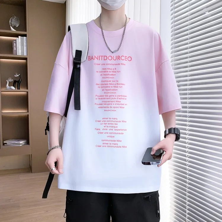 2025新款秋季短袖男士棉T恤青少年渐变半袖上衣夏天男装宽松t体恤