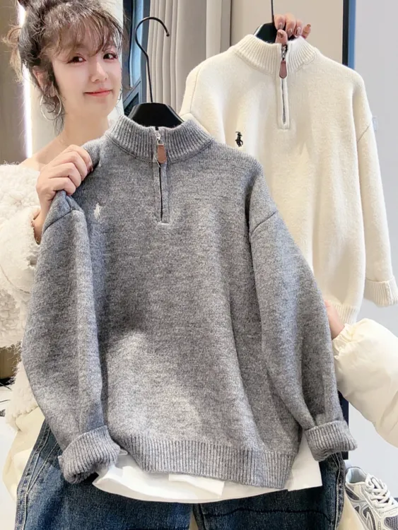 韩货】一体绒儿童毛衣男女新款加绒加厚冬款男童半拉链套头针织衫