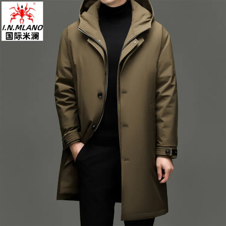 高端鹅绒羽绒服男中长款连帽休闲冬季加绒加厚款中年时尚外套防风