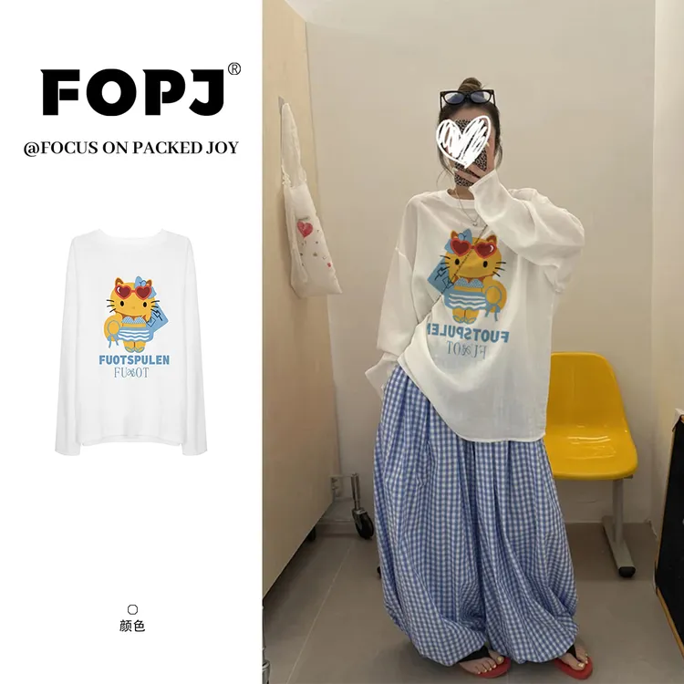 FOPJ韩系kt印花长袖T恤女宽松薄款空调凉感出片漂亮罩衫慵懒上衣