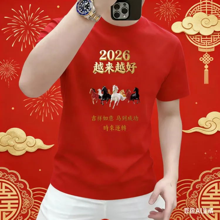 2026马年爆款美式休闲潮流时尚运动男士圆领男女同款短袖T恤
