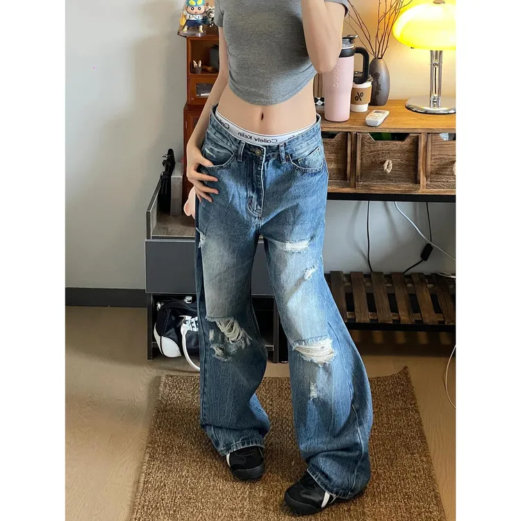 RETEL美式复古宽松阔腿破洞直筒乞丐堆积垂感潮男女蓝色牛仔裤潮