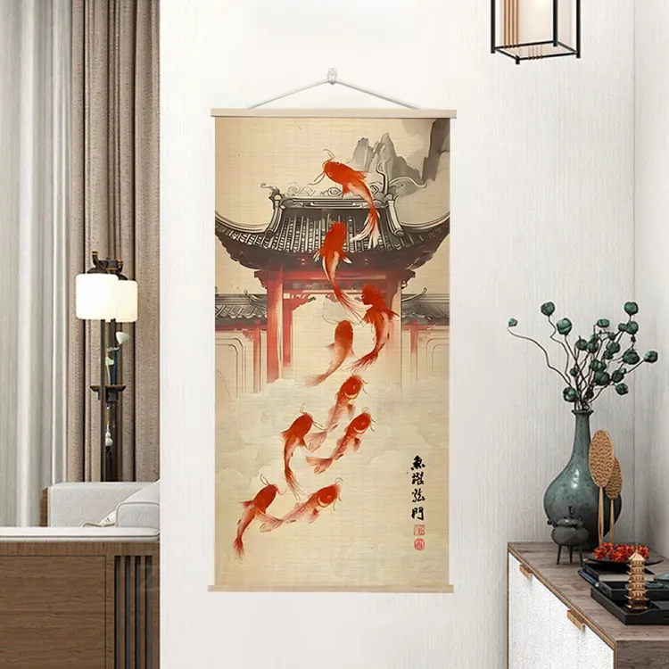 中式美学鱼跃龙门玄关装饰画走廊客厅餐厅寓意吉利竹编竹帘挂画