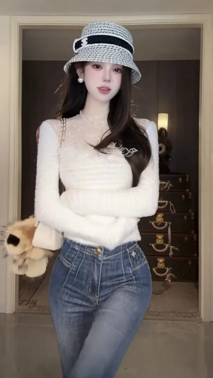 【雅乔定制】温柔乡 网纱蕾丝拼接毛绒针织打底上衣女DYCC-25108466