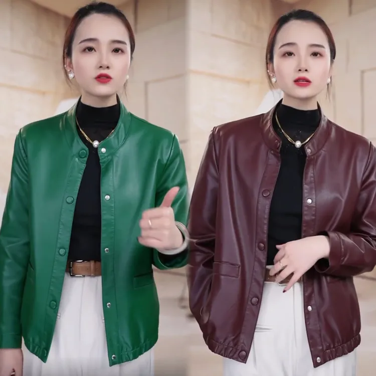 新款海宁皮衣女2025皮衣皮夹克外套短款春秋休闲圆领宽松显瘦外套