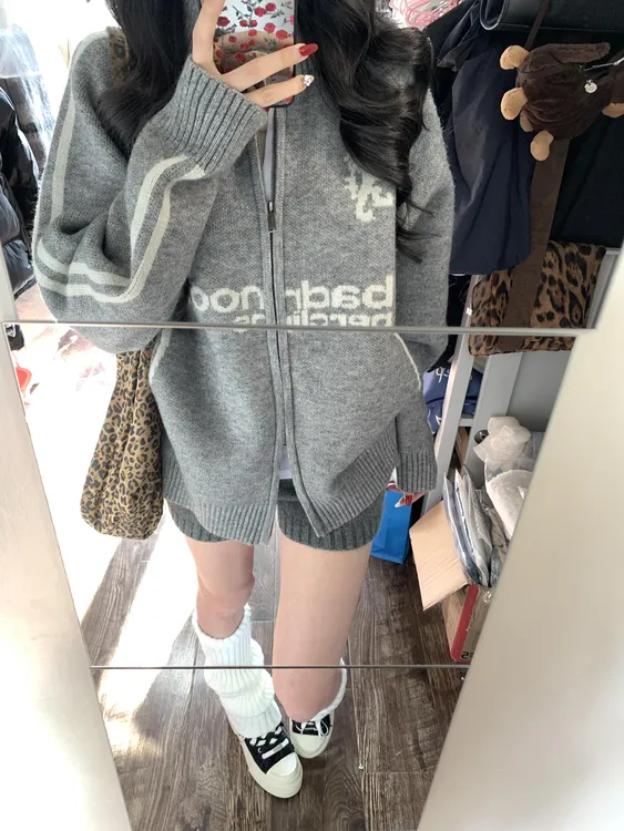 设计感慵懒棒球风翻领拉链毛衣开衫女外套秋装新款韩版宽松针织衫