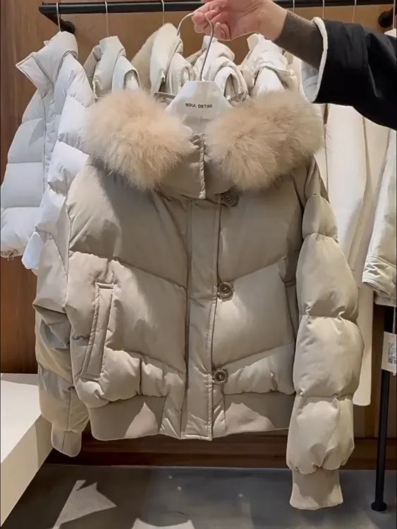 大毛领短款连帽棉服女秋冬季2025新款韩版加厚保暖面包服外套