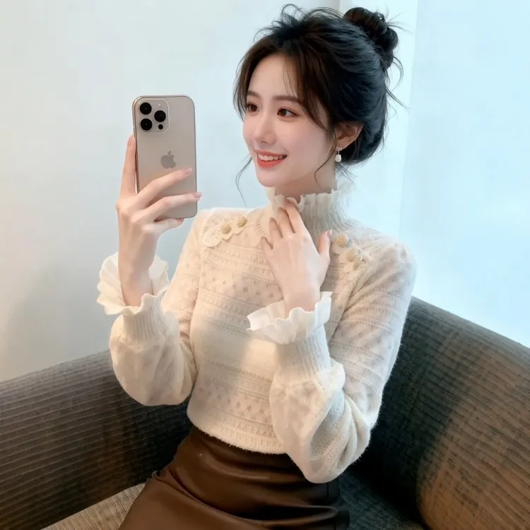 仙女风秋冬新款蕾丝衫加绒长袖半高领蕾丝打底加厚上衣小衫女1086