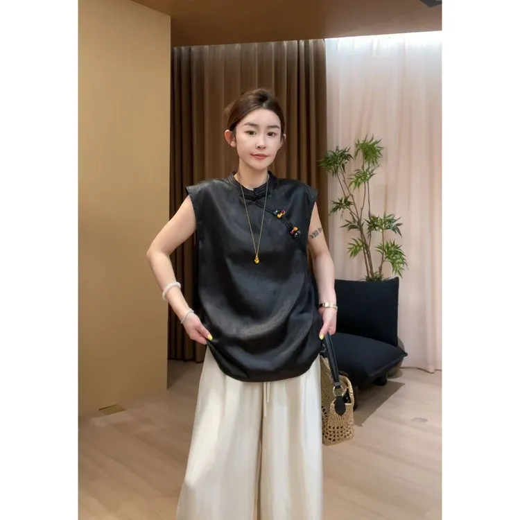 玖了个玖 2025新款【兰亭集序】斜襟盘扣显瘦百搭醋酸T恤 2505C3053