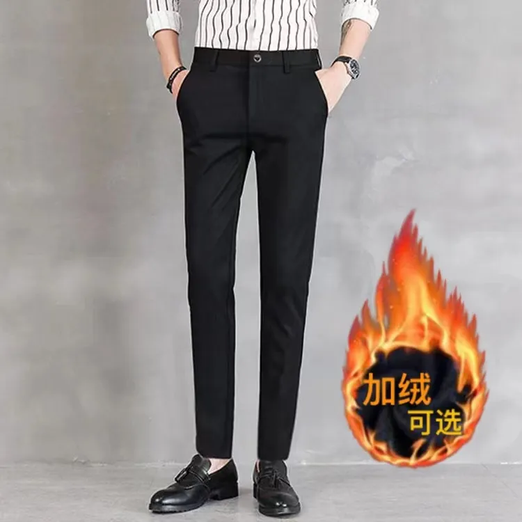 冬季新款男士小脚裤休闲裤高档西裤黑色长裤子潮流百搭九分裤加绒