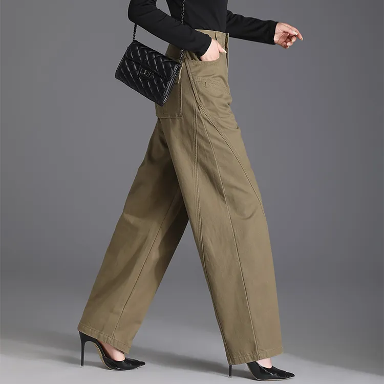 卡其色阔腿休闲牛仔裤女款爆款2025新款高腰显瘦女裤宽松大码长裤