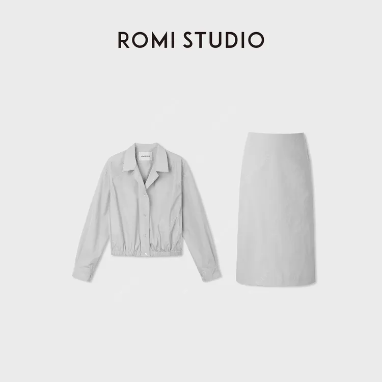 ROMI STUDIO醋酸混纺轻薄干爽纸感廓形翻领外套/半裙RWDSWG3136
