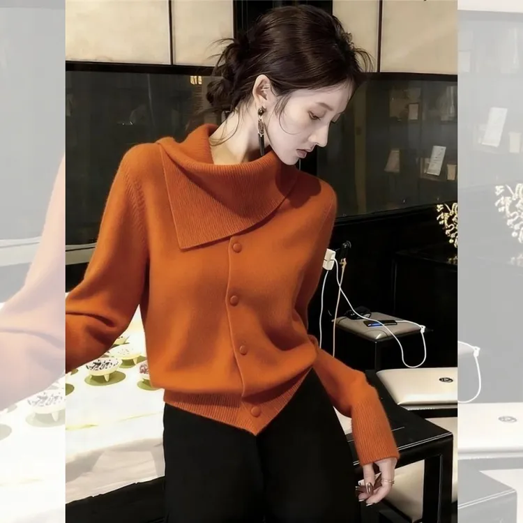 南瓜色围脖翻领设计高级感毛衣女2025秋冬款高级感内搭针织衫上衣