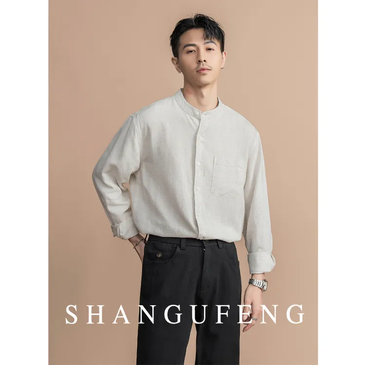 SHANGUFENG【智性通勤】新中式亚麻立领长袖衬衫男士舒适休闲衬衣