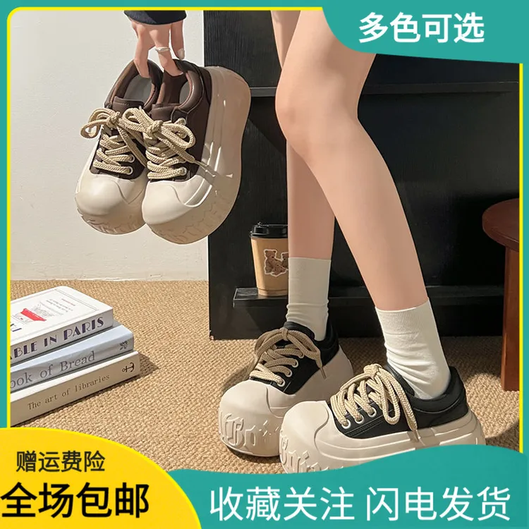 2025春秋新款大头系带厚底松糕小个子6cm面包鞋溶解鞋休闲鞋女鞋