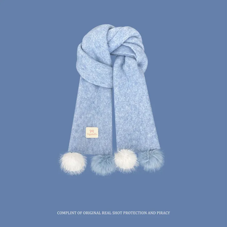 韩系清新色毛球围巾软糯氛围感女秋冬加厚保暖针织毛线围脖百搭潮