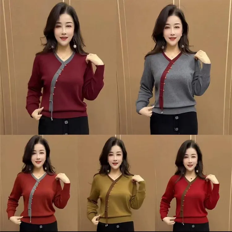 1628妈妈秋冬针织衫拼色减龄上衣宽松显瘦撞色遮肉长袖国风打底衫