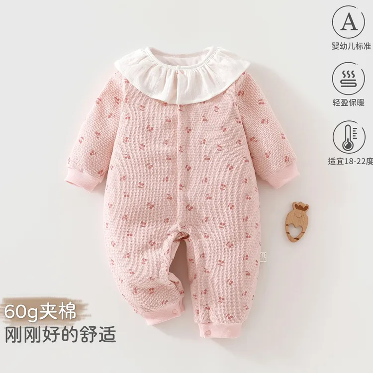 婴儿夹棉连体衣秋冬季新生儿女宝保暖加棉宝宝加厚外出棉服120g