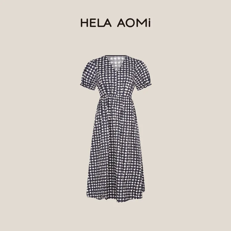 HELAAOMI “秀场同款”黑白格纹绑带收腰显瘦A字连衣裙CY5BZ72833