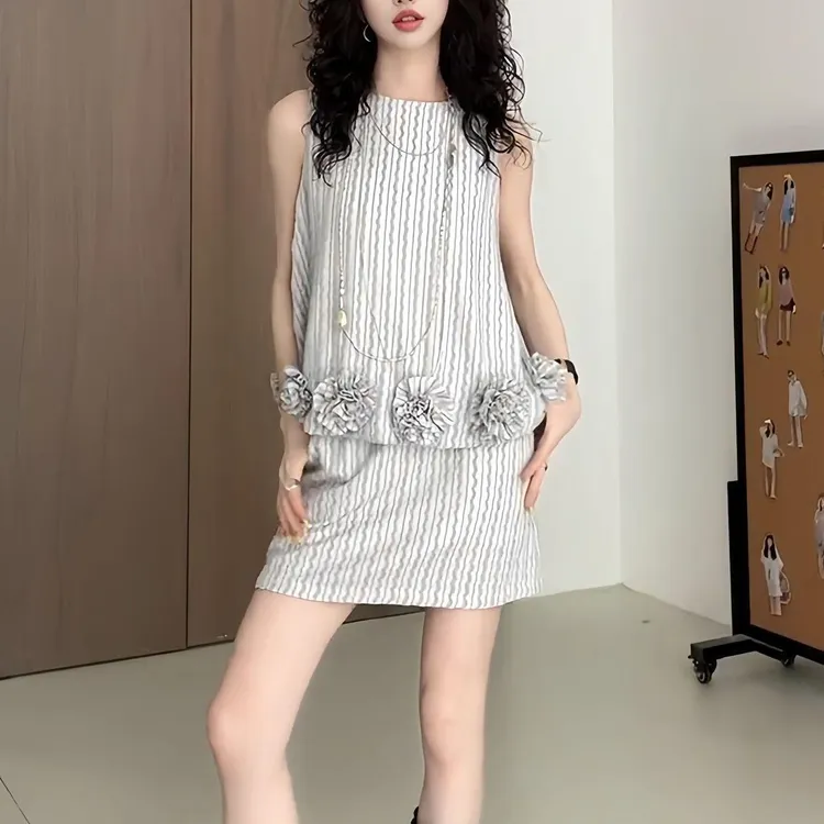 夏季新款休闲纯色无袖上衣背心+高腰显瘦半身裙短裙套装8256