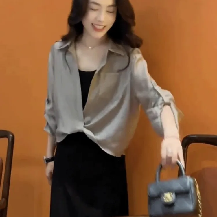 法式休闲防晒衬衫女2025夏季薄款宽松显瘦配吊带外搭罩衫短款上衣