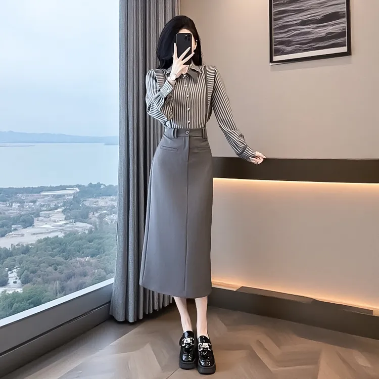 休闲运动套装女两件套中长款法式显瘦气质长袖高腰轻熟风时尚