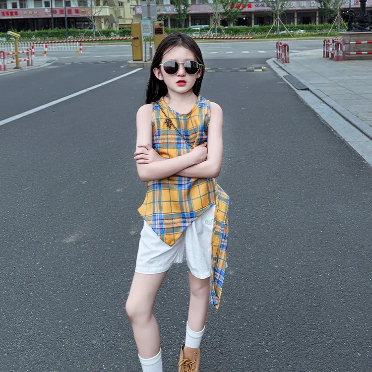 女童夏季2025新款套装个性洋气不规则格子上衣休闲阔腿裤两件套潮