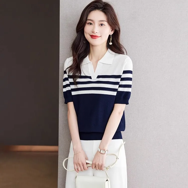polo领短袖t恤女夏装2025新款百搭女装条纹上衣冰丝针织衫带领t恤