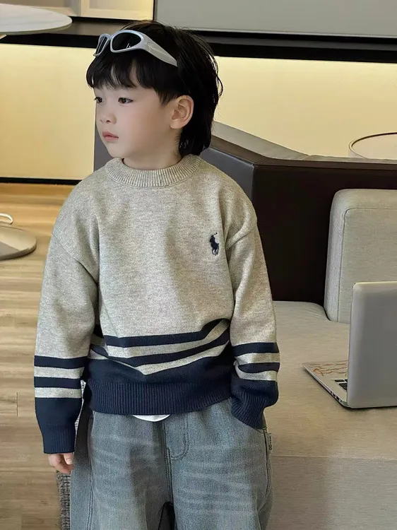 2025韩系秋冬新款中大童毛衣圆领套头毛衣男童针织毛衣学院风条纹