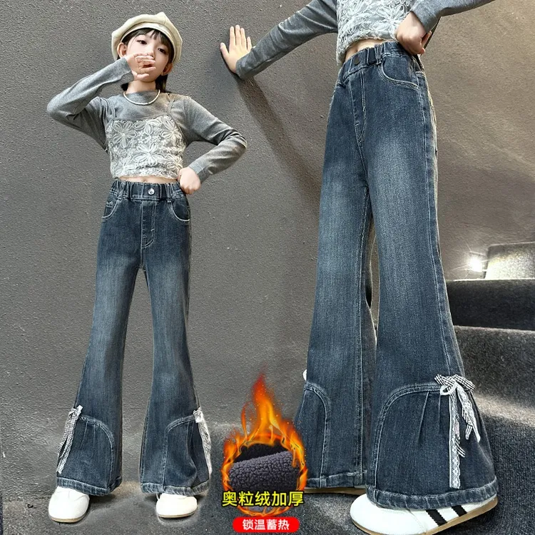 女童牛仔裤加绒加厚女孩喇叭裤儿童中大童时尚冬季保暖蝴蝶结裤子