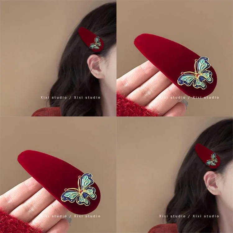 新中式珐琅蝴蝶发夹红色植绒刘海夹新年发饰国风气质头饰BB夹发卡