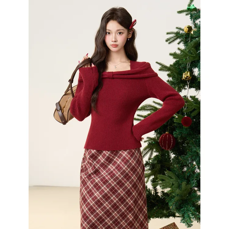 红色一字肩露肩长袖针织毛衣秋冬季新款打底衫内搭加厚显瘦上衣女